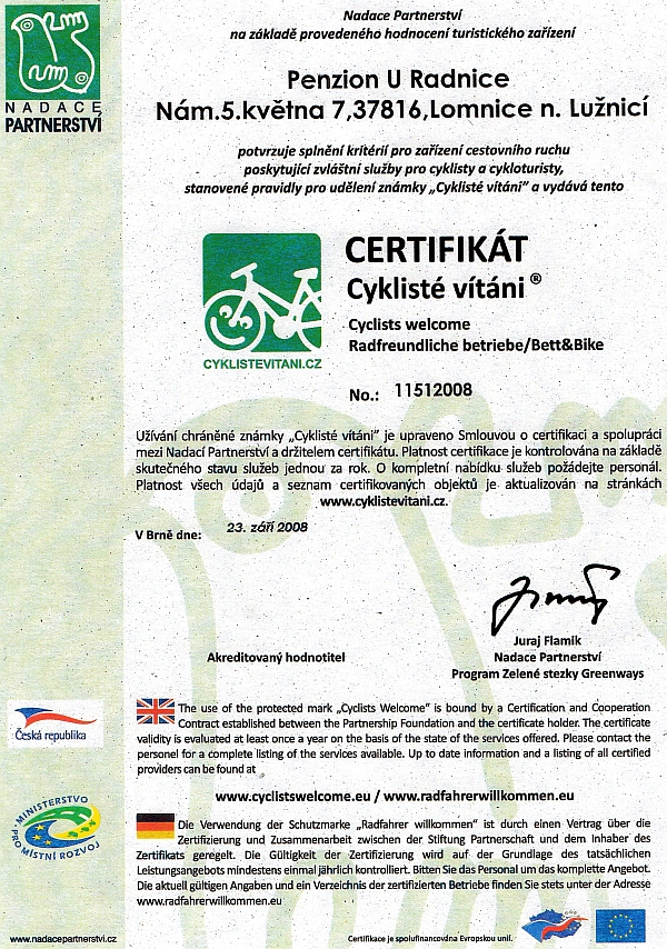 ubytování Třeboňsko - certifikát cyklisté vítáni